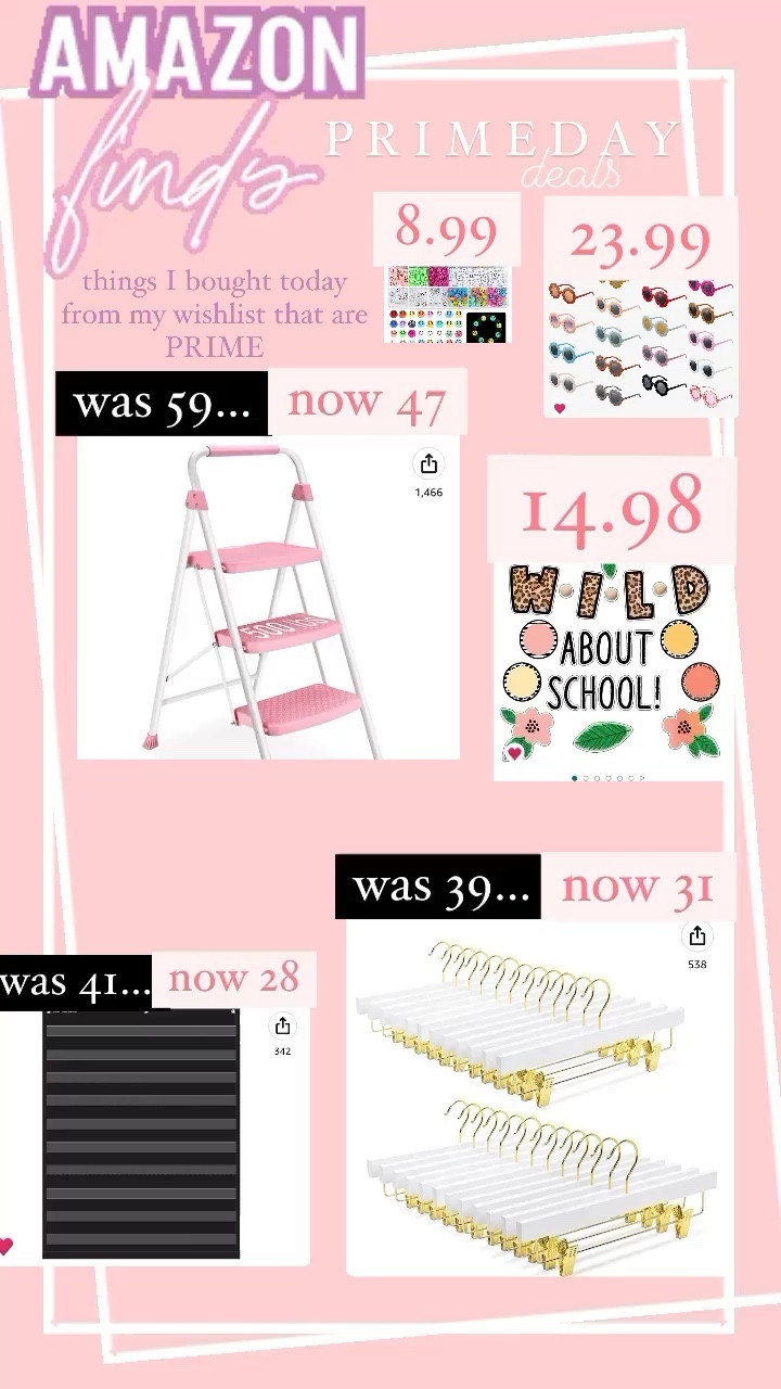 PRIME DAY DEALS
Teacher Edition 
✨things I bought off my wishlist on PRIME DAY✨

•PINK STEP STOOL to hang up items in the room and hallway 
Price went down!!!

•HANGERS for Anchor Charts 
Price went down!!!

•POCKET CHART perfect for Fundations in First Grade comes in a variety of colors not just black 
Price went down!!!

•SUNGLASSES + BEADS 
for kiddos gifts for meet the teacher goes well with my tag on TPT 
Under 40!!! 

•CHEETAH bulletin board
for header of students work 99 pieces 
Under 20!!! 

#LTKteacher 

#LTKFind #LTKBacktoSchool #LTKSeasonal