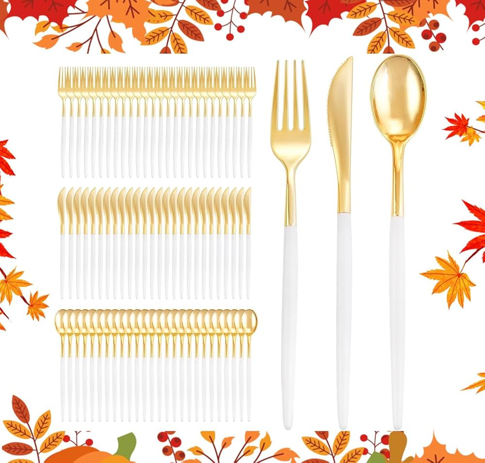 I00000 300 Pcs Gold Plastic Silverware - Gold Disposable Silverware - Premium White Cutlery Set I... | Amazon (US)