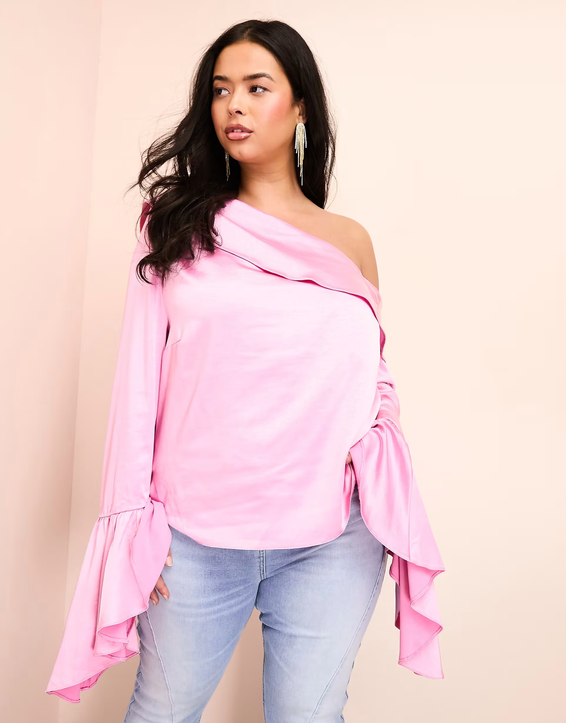 ASOS LUXE Curve off the shoulder satin draped top with exaggerated sleeve in pink | ASOS (Global)