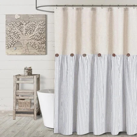 Psoiuetr Linen Shower Curtains for Bathroom Farmhouse Shower Curtain Rustic Country Button Fabric Pleated Blue Stripe 72" x 72" | Walmart (US)
