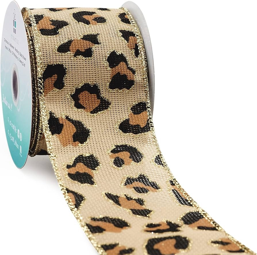 CT CRAFT LLC Burlap Leopard Fabric Wired Ribbon 2.5" x 10 Yards Natural with Black and Bronze Col... | Amazon (US)