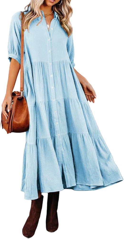 R.Vivimos Women's Summer Cotton Half Sleeves Button Down Casual Loose Slit Midi Dress with Pocket... | Amazon (US)