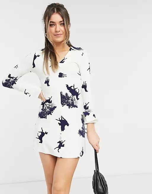 ASOS DESIGN mini dress with collar and flare sleeve in cream and black horse print | ASOS (Global)