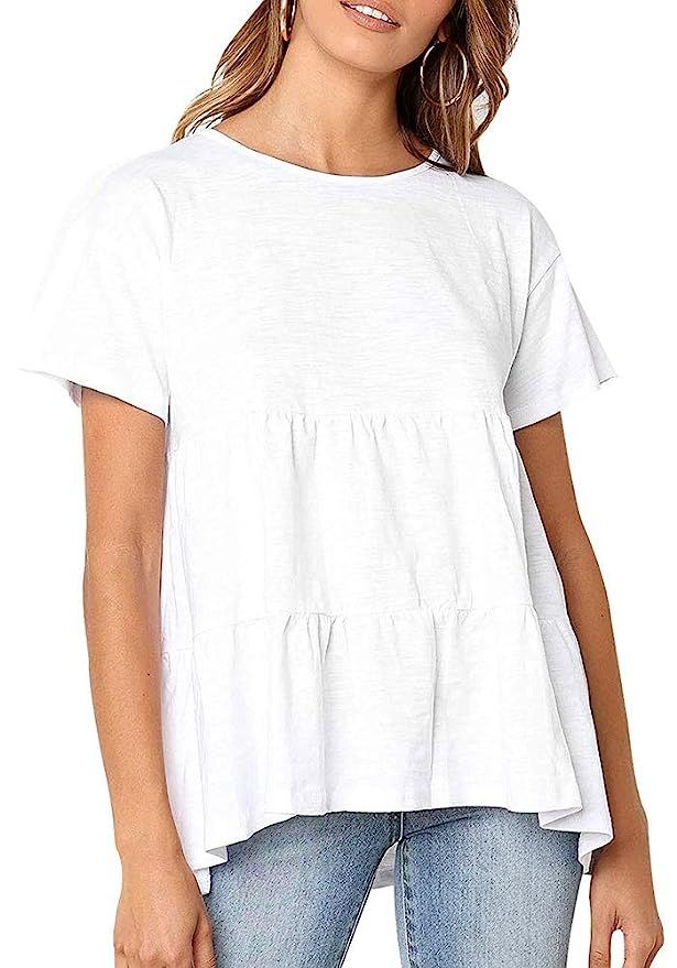 BONIFOT Women's Peplum Tops Loose fit Round Neck Casual Tee Shirts | Amazon (US)