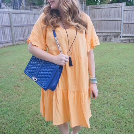 Cobalt blue jumbo Love bag with this cheerful bright Kmart tiered linen dress 💙💛

#LTKaustralia #LTKitbag