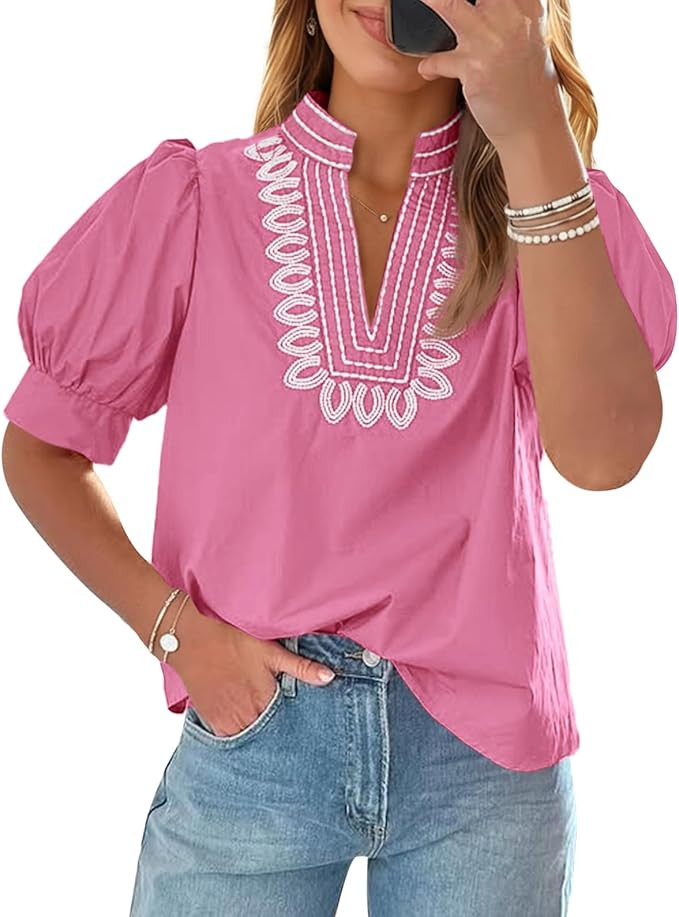 Cicy Bell Womens Puff Short Sleeve Blouses Summer Casual Dressy Embroidered V Neck Tops Loose Fit... | Amazon (US)