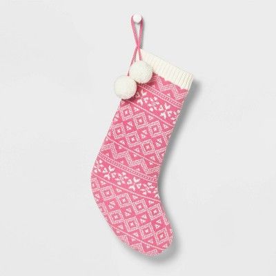 20" Fair Isle Knit Christmas Stocking with Pompoms Pink - Wondershop™ | Target