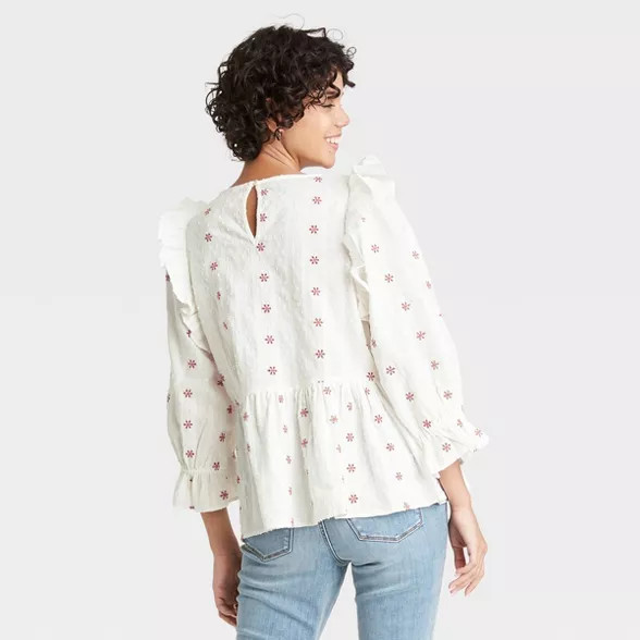 Women's Puff 3/4 Sleeve Embroidered Ruffle Top - Universal Thread™ | Target