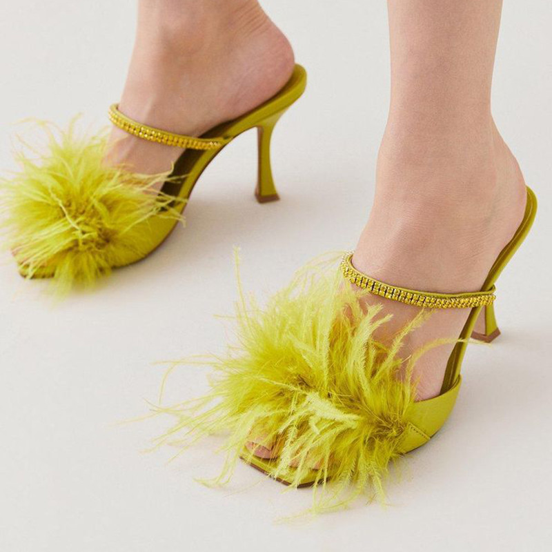 Elegant Chartreuse Square-Toe Faux Feather Rhinestone Mule Heels | FSJshoes