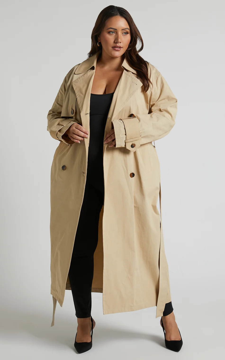 Avah Trench Coat - Double Breasted Tie Waist Coat in Camel | Showpo (US, UK & Europe)