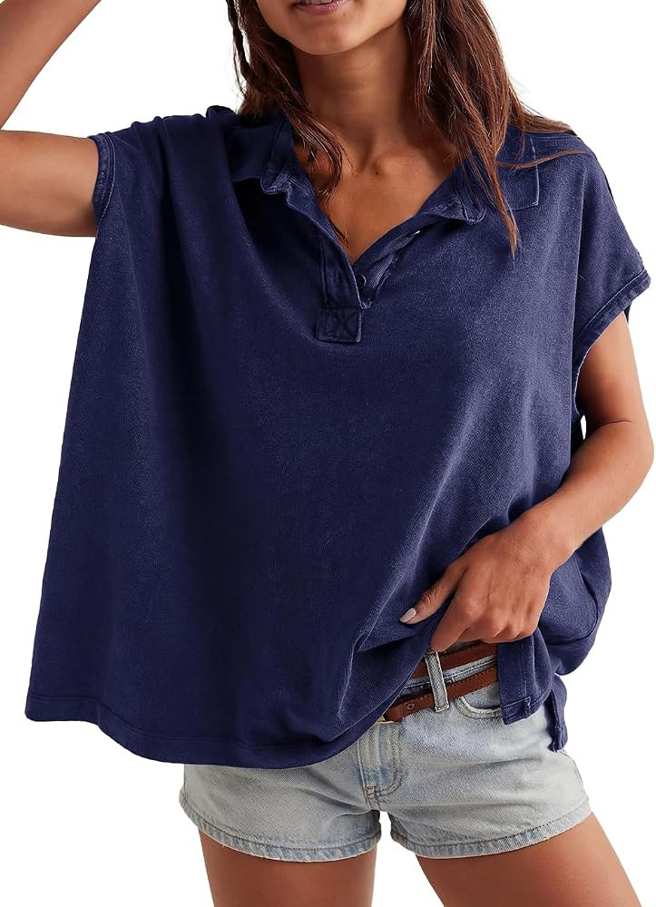 Oversized Polo Shirt for Women Casual Summer Tee Tops Cap Sleeve Collared Shirts | Amazon (US)