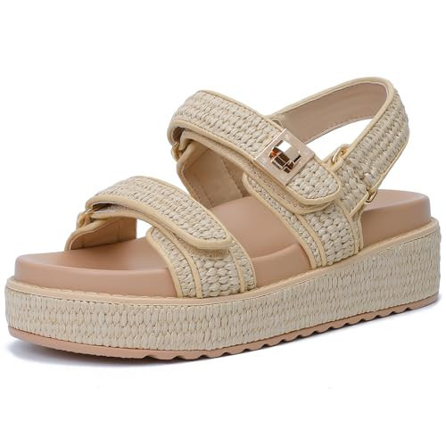 GOUPSKY Raffia Platform Sandals for Women Comfortable Summer Beach Flat Sandals Open Toe Footbed Sandal with Adjustable Double Buckle Size 9.5 | Amazon (US)