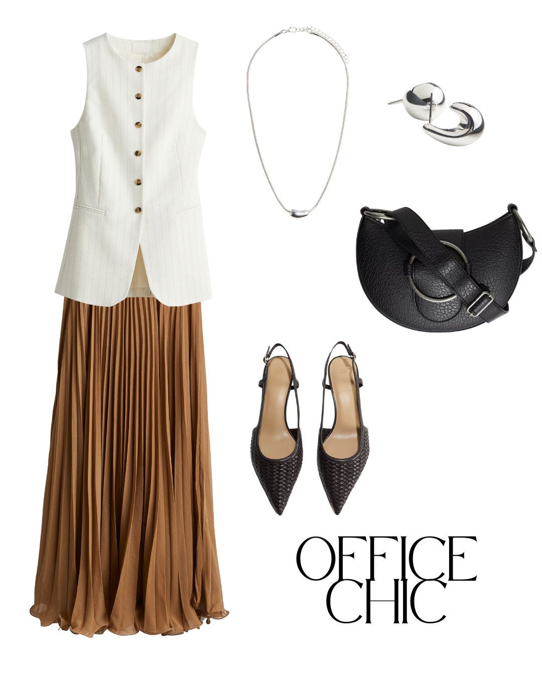 Sleeveless vest, long pleated skirt, kitten heels and accessories - a comfortable and elegant office chic outfit.  

 #LTKOver40 #LTKFindsUnder100 #LTKWorkwear