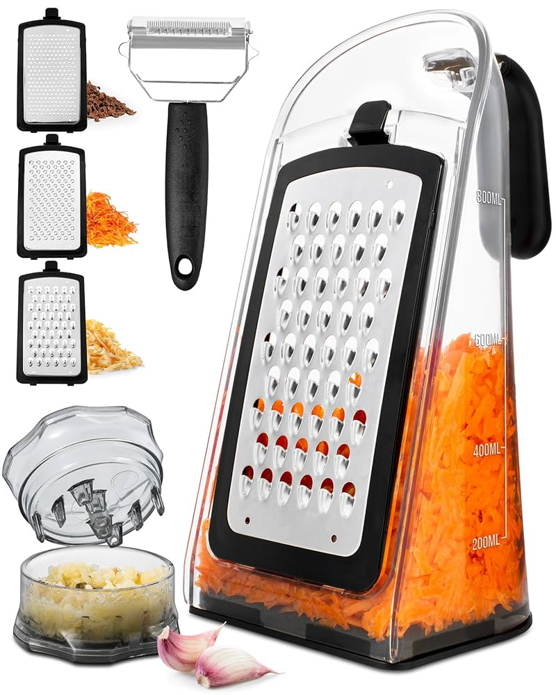 Cheese Grater with Garlic Crusher- Box Grater Vegetable Shredder with 3 Stainless Steel Blades - ... | Amazon (US)