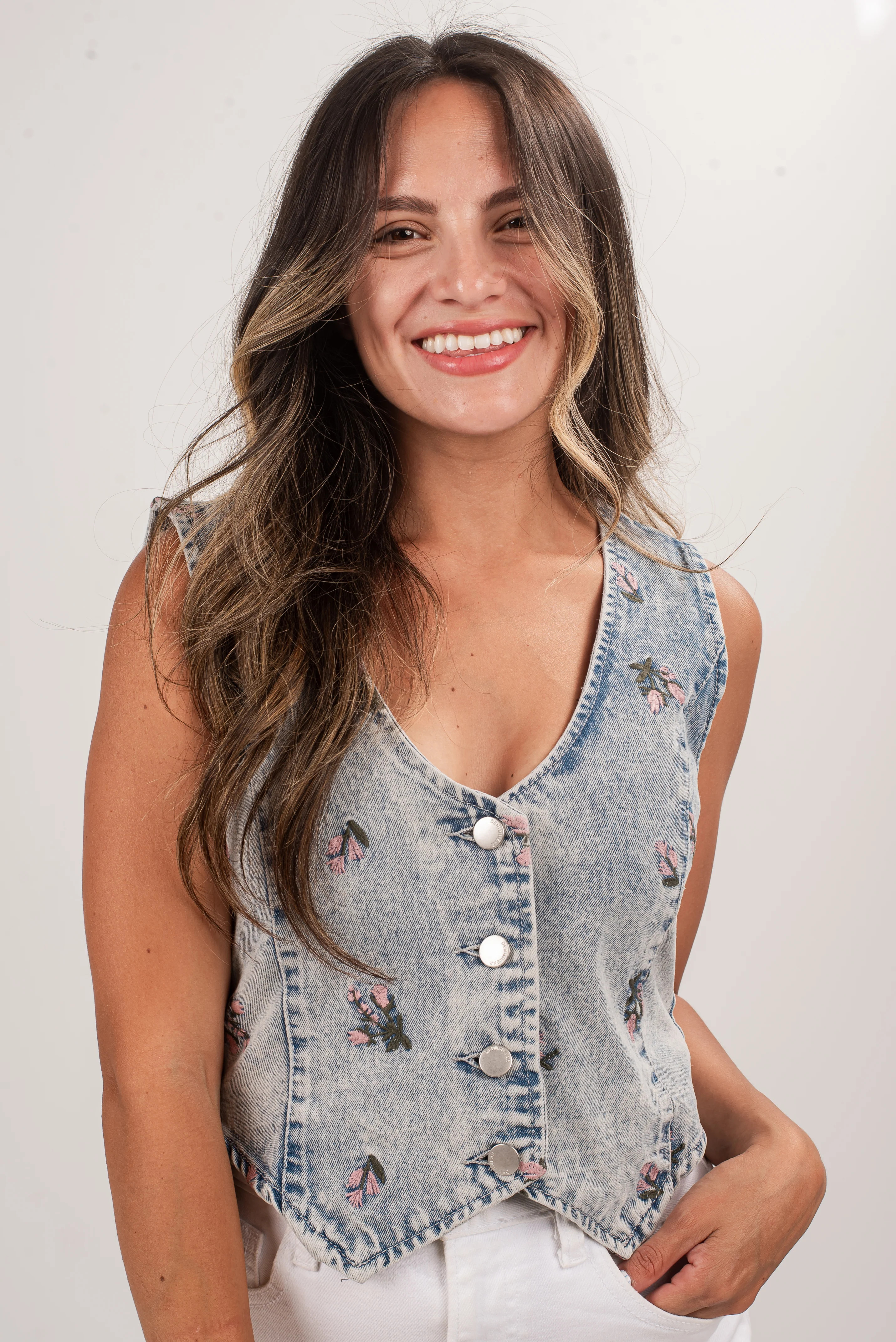 Cute Light Wash Floral Denim Vest | Women's Vests | ShopDressUp | Dress Up