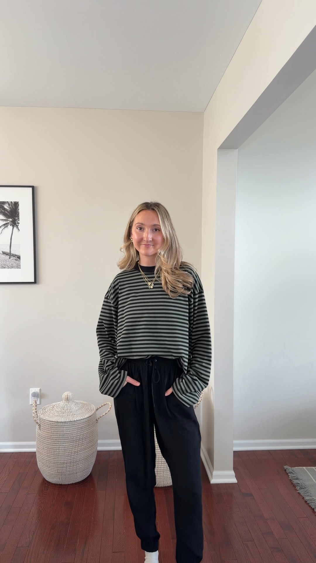 Stripe top so good that is can be worn through every season! wearing xs. Linen joggers are old from Nordstrom but linking a similar pair below!