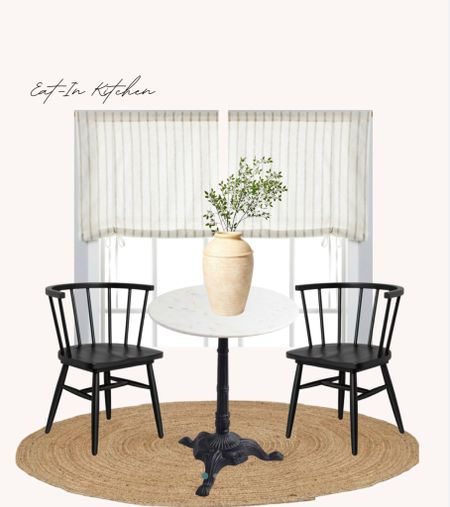 Small eat in kitchen. Bistro dining table. Simple clean neutral. Jute round rug. Stripe cafe curtain. 

#LTKhome