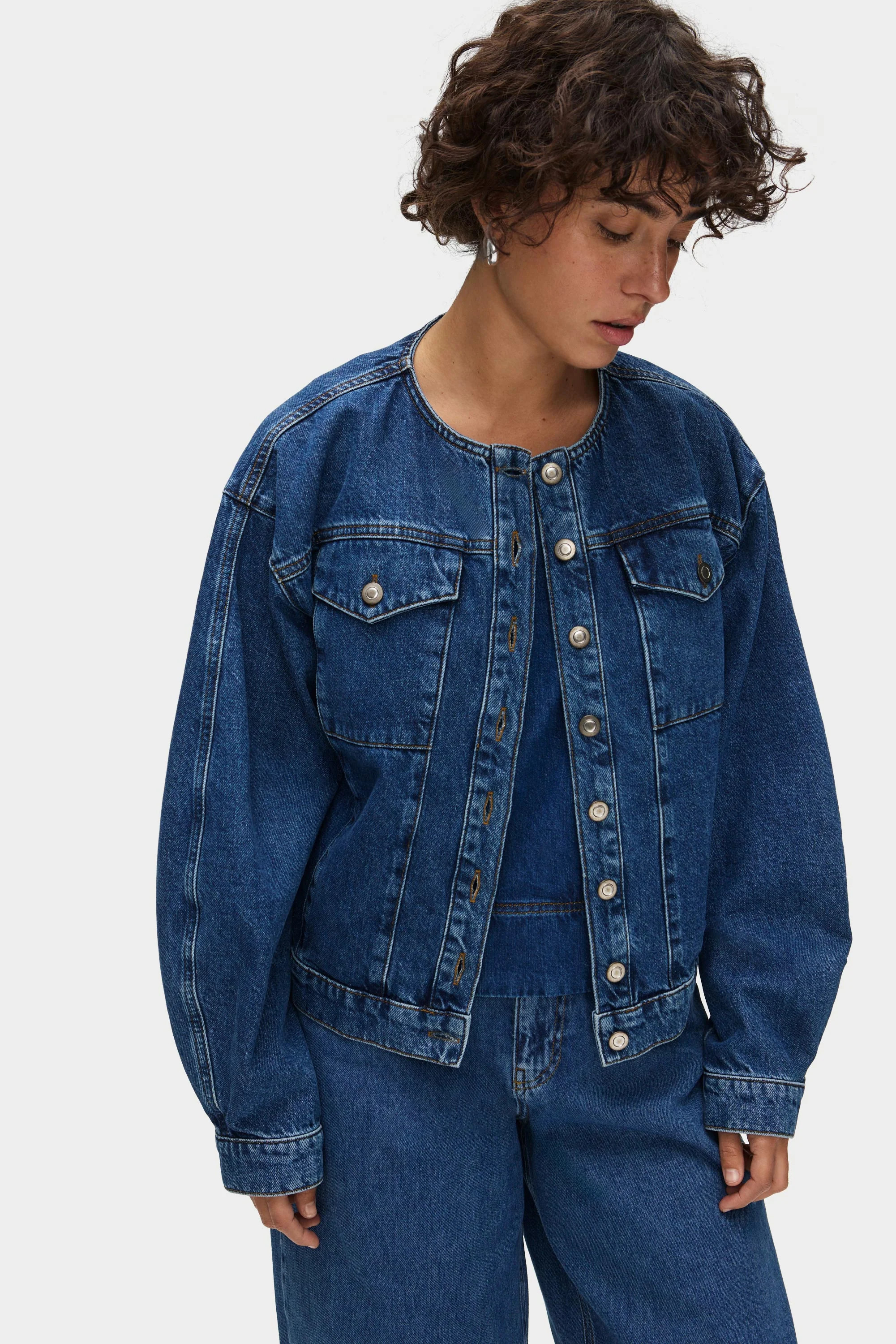 ALIGNE Collarless Denim Jacket - Mid Blue | Moto | ALIGNE USA