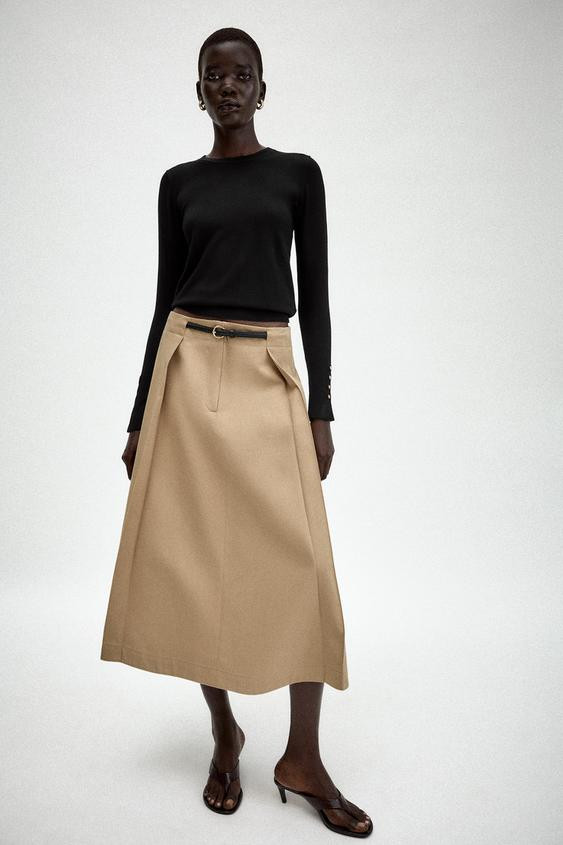 Zara - Pleated Midi Skirt - Sand - M - Woman | Zara AU
