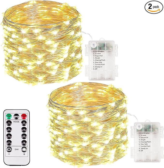 2 Pack 100 LED Fairy Lights Battery Operated with Remote, 33FT Waterproof Twinkle Lights with Tim... | Amazon (US)