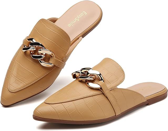 EasySmile Metal Chain Decor Flat Mules for Women Closed Pointed Toe Slip on Loafers Slides Backle... | Amazon (US)