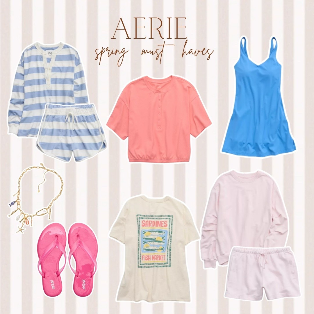 @Aerie  spring must haves that are so good right now and every single one is going straight to cart 🤍✨ A blue and white striped lounge set, a coral henley top, a cornflower blue tank dress, a gold coastal charm necklace, hot pink jelly flip flops, a sardines fish market graphic tee, and a lavender sweatshirt and shorts set — so much spring charm all in one place and all so affordable.

#LTKSeasonal #LTKxAerie #LTKTravel