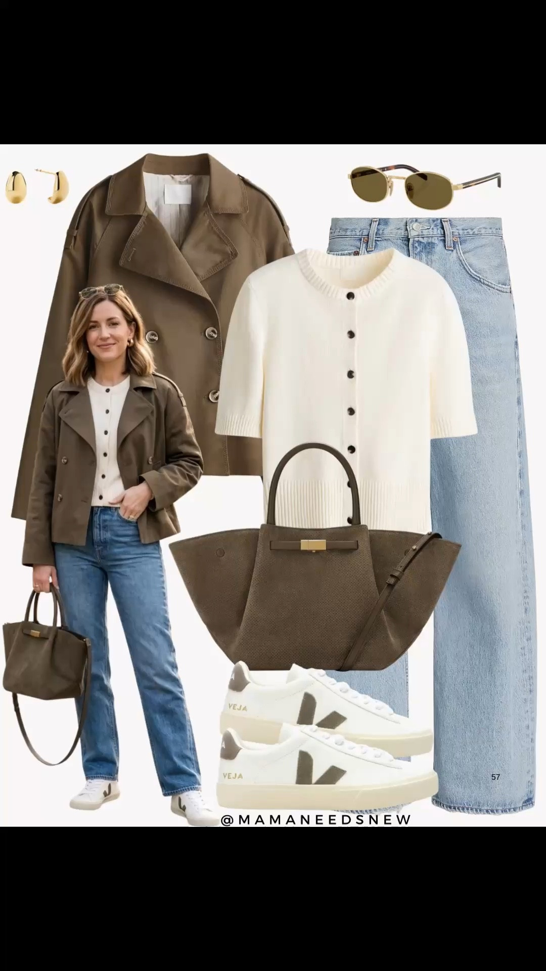 A spring outfit with a short trench, short sleeve cardigan, jeans, suede bag, sneakers 💚🤍 

#LTKSaleAlert #LTKootd #LTKSeasonal