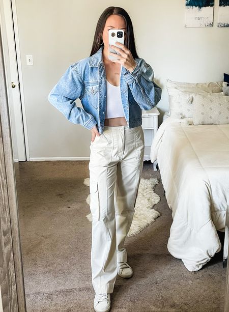 Denim jacket & cargo pants are on sale this weekend! Love the drapey oversized fit of the jacket! Wearing XS and 25R in cargo pants. Linked the Lululemon dupe top I love, too!

Abercrombie sale. Abercrombie and Fitch. Cargo pants. Cropped denim jacket. Spring jacket. Spring outfit. 

#LTKsalealert #LTKFind #LTKunder100