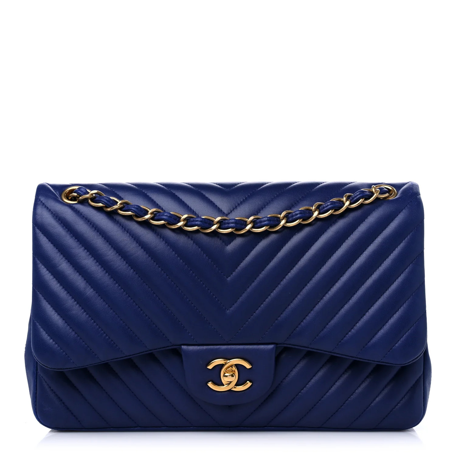 Lambskin Chevron Quilted Jumbo Double Flap Navy Blue | FASHIONPHILE (US)