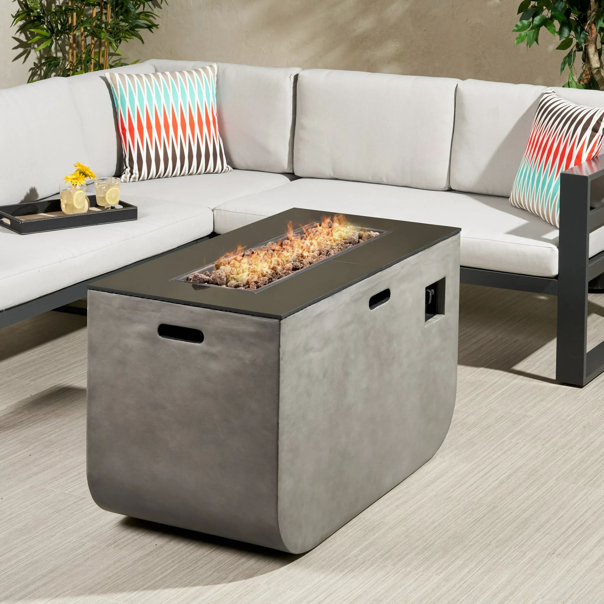 Nickan Outdoor Modern 40-Inch Rectangular Fire Pit, Light Gray and Gloss Black | Walmart (US)