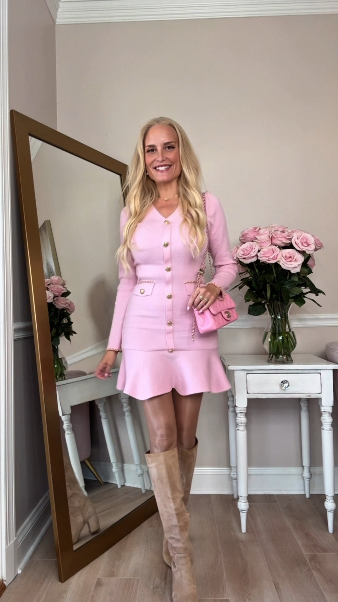 I wore this pretty spring outfit to a girls brunch and wanted to share it with you even though I can't link all the specific items I am wearing. I linked similar items below, but this is exactly what I'm wearing:


Dress: All The Riches Sweater Mini Dress from Fashion Nova (currently in stock)

Boots: Hai boots by Sam Edelman (sold out)

Handbag: Chanel limited edition mini classic handbag in the color pink-rose, from the spring-summer 2026 collection. Just came out in select stores but not available yet online. 

#LTKgrwm #LTKootd #LTKdayinmylife