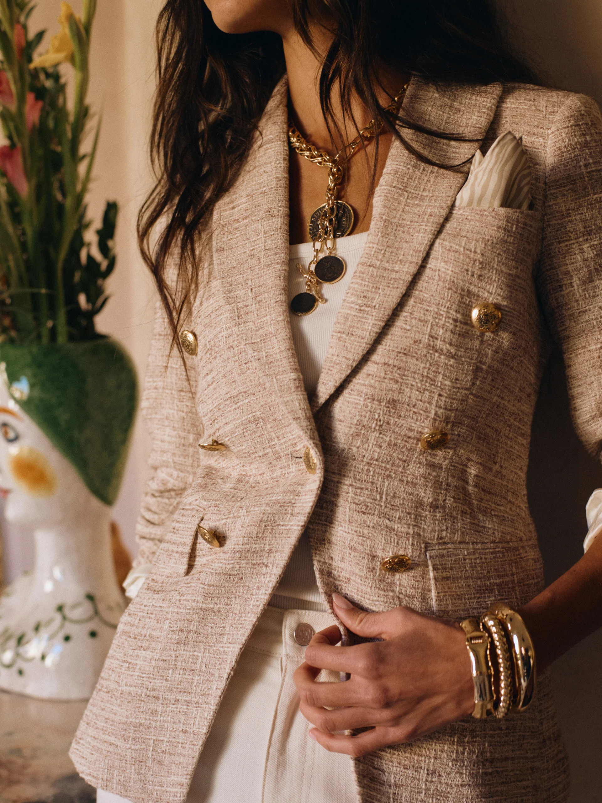 J.McLaughlin Women's Genevieve Tweed Blazer White/Tan, Size 2 | Cotton/Linen | J.McLaughlin