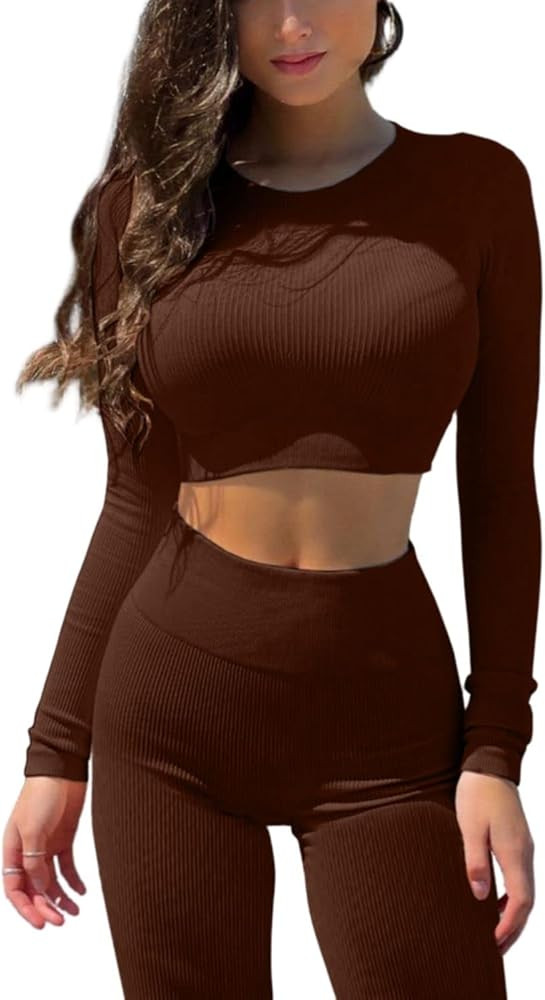 QINSEN Seamless Workout Outfits for Women 2 Piece Ribbed Long Sleeve Crop Top Tummy Control Leggings | Amazon (US)