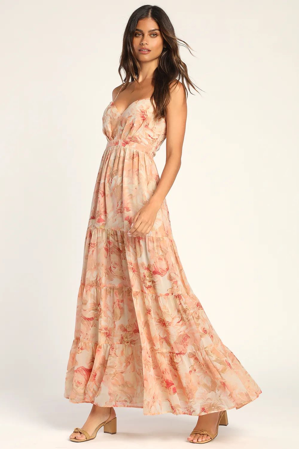 Make Me Blush Peach Floral Print Tiered Maxi Dress | Lulus (US)