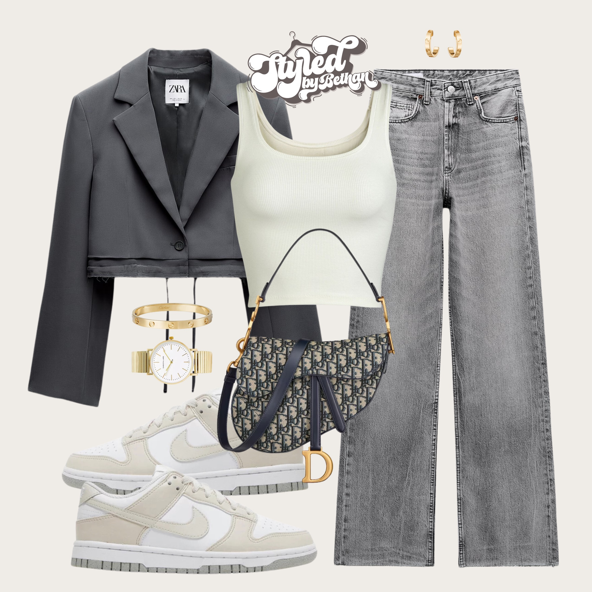 Smart casual 🫶🏼 tags: Zara cropped charcoal grey blazer, Zara grey wide leg jeans, Nike dunks beige, Dior sandal bag, skims cream vest top, Cartier gold earrings, Cartier gold bracelet. Casual everyday smart casual monochrome neutral outfit inspiration inspo for street wear street style, bottomless brunch. 

#LTKmodest #LTKshoes #LTKstyletip