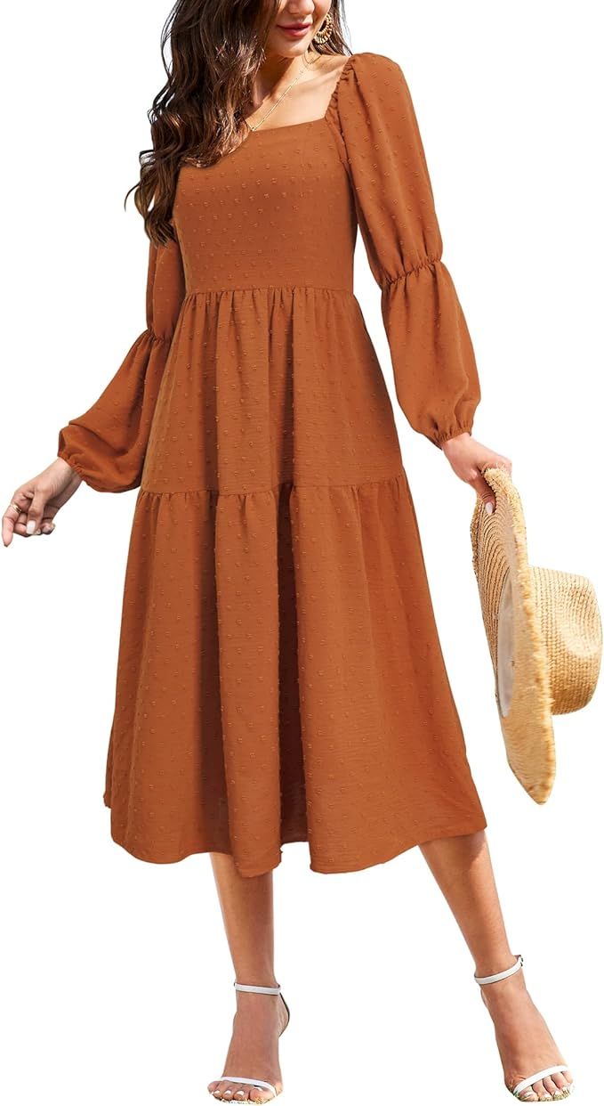 ULTRANICE Womens Long Lantern Sleeve Midi Dress Square Neck Ruffle Dress A-line Casual Dresses wi... | Amazon (US)