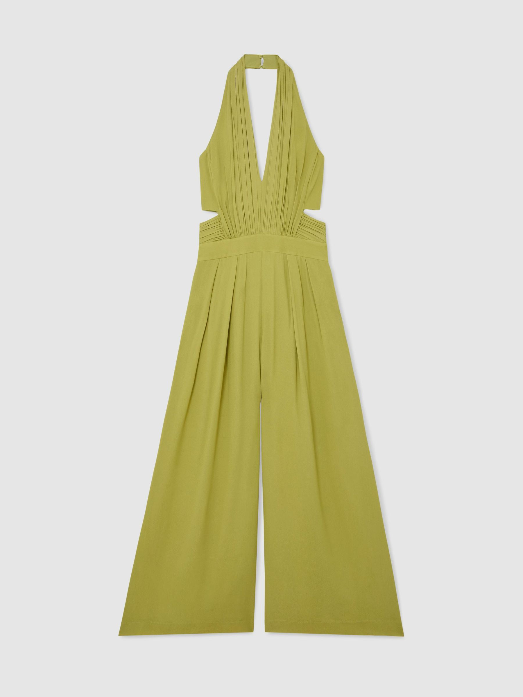 Reiss Halterneck Pleated Wide-Leg Jumpsuit in Green - REISS | Reiss UK