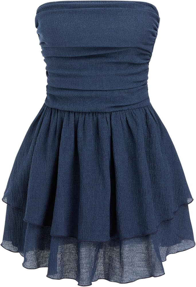 CIDER Women's Summer Cocktail Dress - Tube Ruched Ruffle Mini Dress | Amazon (US)