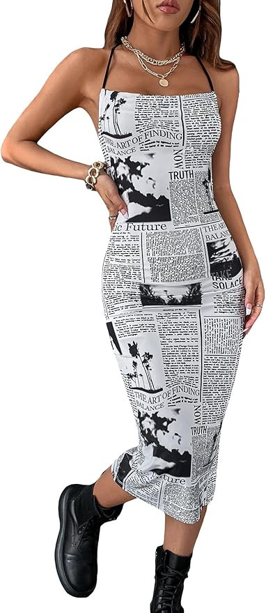 GORGLITTER Women's Newspaper Print Backless Bodycon Midi Dress Sleeveless Club Party Pencil Dress... | Amazon (US)