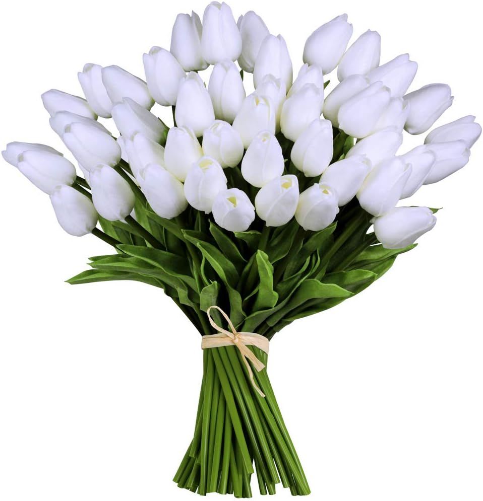 20 Pcs Artificial Tulip Flowers Real Touch PU Tulips Faux Tulip Stems in Pure White for Easter Sp... | Amazon (US)