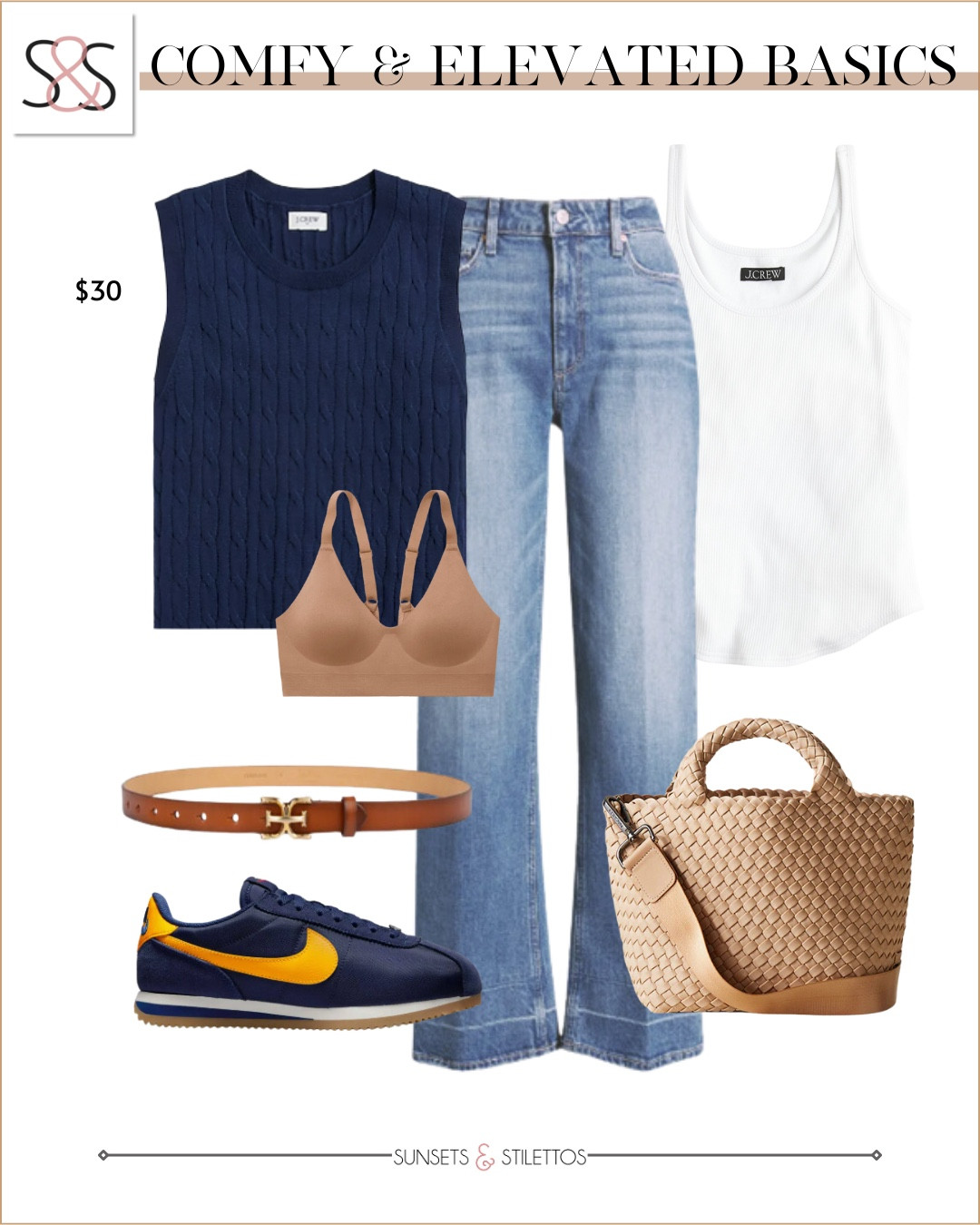 These basics do it all..casual, elevated, and endlessly versatile. Pair a bold navy knit with laid-back sneakers and polish it off with structured accessories for a look that’s anything but basic

Sunsets and Stilettos elevated basics navy tank spring outfit casual chic Nike Cortez light wash jeans belt bag neutral style budget fashion

#LTKFindsUnder50 #LTKFindsUnder100 #LTKOver40