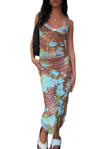 Wuitrie Floral Print 2 Piece Skirt Sets for Women Lace Trim Spaghetti Strap Tank Tops Maxi Skirt Vacation Outfits | Amazon (US)