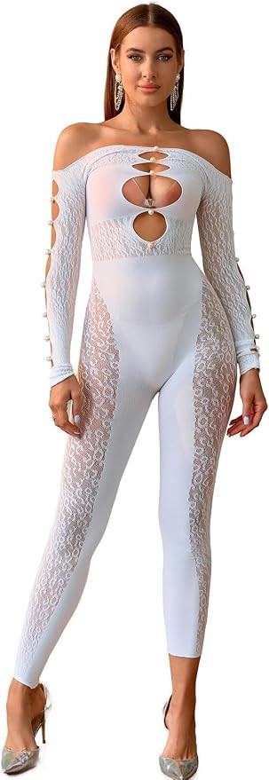 Women's Sexy Tight Hollow Out Long Sleeve Fishnet Bodystocking Rave Outfits Stretchy Suit One Siz... | Amazon (US)