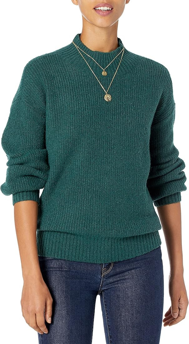Amazon.com: Goodthreads Women's Boucle Shaker Stitch Balloon-Sleeve Sweater, Dark Green Heather, ... | Amazon (US)
