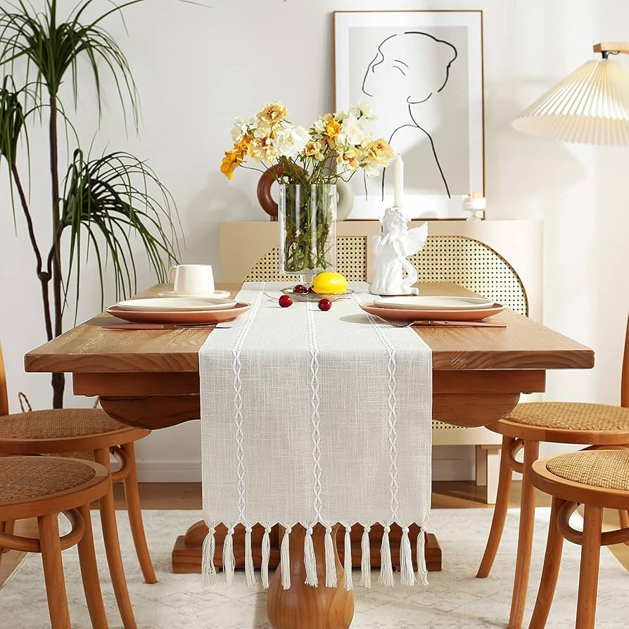 Chassic Rustic Farmhouse Style Linen Table Runner, Boho Handmade Fringe Braided Stripe Table Runn... | Amazon (US)