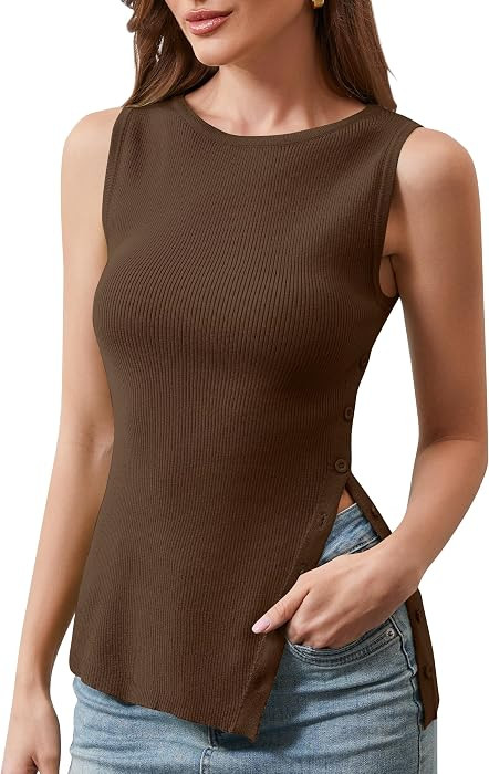 Women Asymmetrical Side Button Slit Hem Sweater Vest Sleeveless Ribbed Knit Tank Tops Boat Neck S... | Amazon (US)