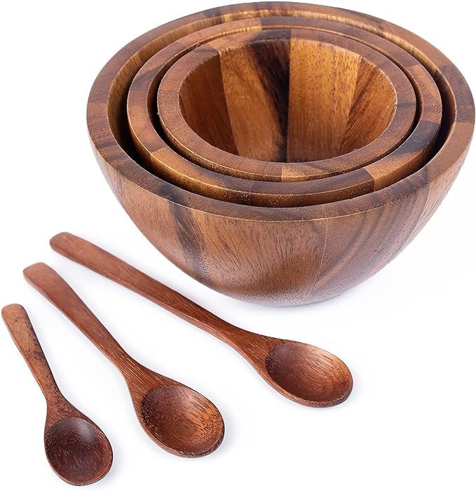 Small nesting wood Bowls Mix size Stackable Acacia wooden bowl set with 3 spoons for serving sala... | Amazon (US)