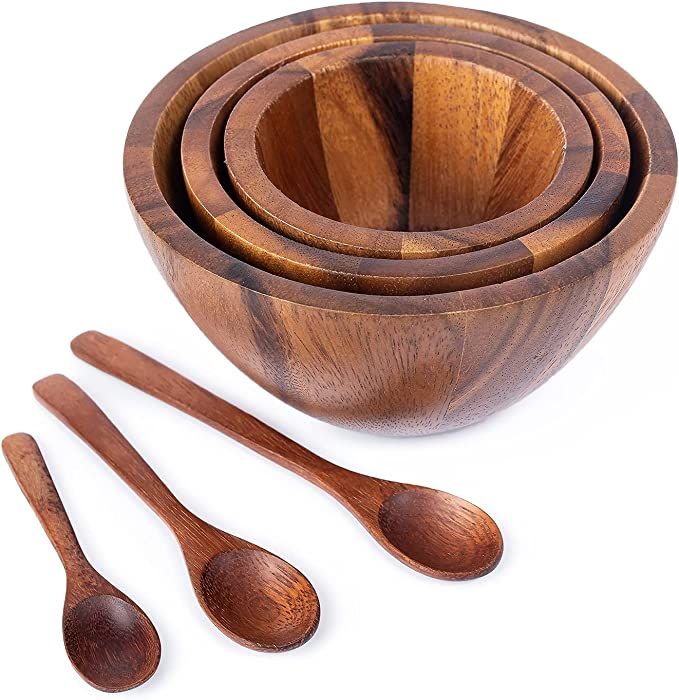 Tiny nesting wood Bowls Mix size Stackable Acacia wooden bowl set with 3 spoons for serving salad... | Amazon (US)