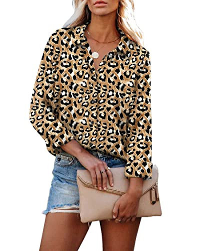 HOTOUCH Womens Button Down Chiffon Blouses Leopard Collared Casual Going Out Tops Leopard, X-Large, Long Sleeve | Amazon (US)