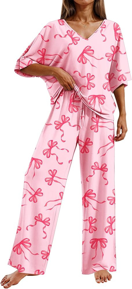 Ekouaer Pajama Sets for Women 2 Piece Lounge Set Short Sleeve Tops and Long Pants Soft Comfy Pjs ... | Amazon (US)